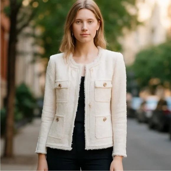 Nanette Lepore Cream & Gold Boucle Tweed Blazer NWT Sz Small - Picture 1 of 15